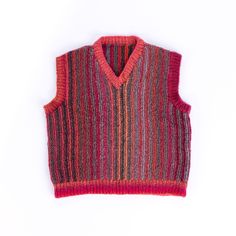 a red sweater vest with multicolored stripes on the front and back, against a white background