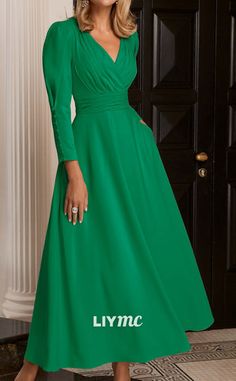 M1153 - V-Neck Long Sleeves Pleated A-Line Floor-Length Mother of Brid – Liymc Elegant Green V-neck Long Sleeve Dress, Long Sleeve Pleated Wedding Dress, Fitted Bodice Long Sleeve Gown For Wedding Guest, Long Sleeve Gown For Wedding Guest With Fitted Bodice, Long Sleeve Dress With Pleated Bodice For Banquet, Long Sleeve Wedding Dress With Pleated Back, Wedding Dress With Pleated Back And Long Sleeves, Classic Long Sleeve Dresses For Gala, Elegant Solid Color Formal Gown