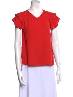 Maje BlouseOrangeRuffle & Studded AccentsShort Sleeve with V-NeckSash-Tie Closure at BackDesigner size 1.Fit:Tops by Maje typically fit true to size. Short Sleeve Blouse, Workout Tops, Sleeve Blouse, Top Outfits, V Neck, Clothes For Women, Clothes