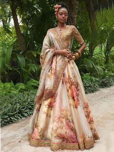 Sabyasachi Off White Floral Printed Organza Bridal Lehenga Choli Organza Bridal, Printed Lehenga, Sabyasachi Lehenga, Indian Lehenga Choli, Floral Lehenga, Organza Lehenga, Party Wear Lehenga Choli, Women Embroidery, Lengha Choli