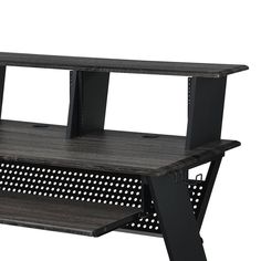 a black computer desk with two shelves on each side and one shelf above the other