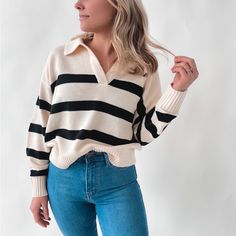 This Striped Sweater Top Is Sure To Be Your Closets New Favorite! Soft, Ribbed Sweater Knit Shapes This Cute Top That Features A Classic Collared V-Neckline And Long Sleeves Oatmeal Sweater With Black Stripes Ribbed Collar, Cuffs, And Hem Model Is 5'4" And Wearing A Size Small. Striped Collared Shirt Outfit, Collar Under Sweater Outfit, Open Sweater Outfit, Collared Sweater Outfit, Sweater With Collared Shirt, Stripe Sweater Outfit, Collar Sweater Outfit, Striped Sweater Outfit, Sweater With Collar