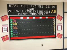 a black board with red and white writing on it that says start your engines get in who will have the highest ar points this year?