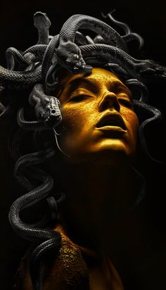 a woman with snakes on her head is shown in this artistic photo, which appears to be gold and black