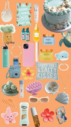 a collage of various items that include cosmetics, hair products and other things on an orange background