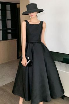 Tea Length Prom Dress, Prom Birthday, New Party Dress, Satin Evening Dresses, Black Satin Dress, Black Prom, Party Summer, Satin Prom Dress, Black Prom Dresses