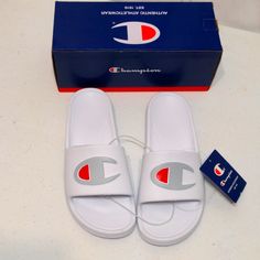 Step Into Comfort And Style With These Champion "The Take Over" White Slides In Size 6. With A Comfortable Slip-On Construction,These Slides Provide Instant Ease And Convenience. White Slide Sandals, Red Flip Flops, White Slides Sandals, Navy Sandals, Champion Shoes, Pink Slides, White Slides, White Flip Flops, Black Slides