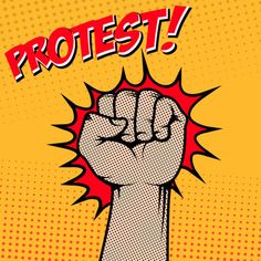 a fist with the word protest written on it in pop art comics style, over yellow background