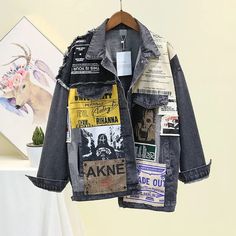 Discover the bold Vintage Patchwork Denim Jacket featuring a unique graphic design. It's perfect for fashion-forward individuals and free shipping is available! Newspaper Pattern, Trendy Graphic Design, Patchwork Denim Jacket, Coat Trends, Jean Jacket Women, Painted Denim, Oversized Denim Jacket, Black Denim Jacket, Current Fashion Trends