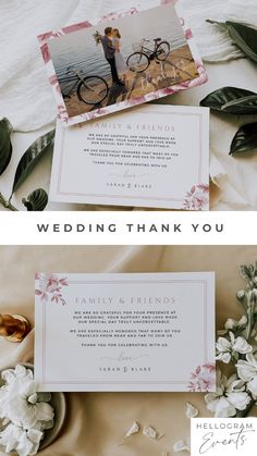 the wedding thank card is shown with flowers and greenery