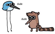 a blue bird and a brown raccoon are facing each other in opposite directions