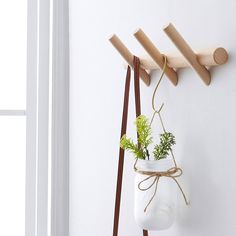 a white vase with some plants in it hanging on a wall next to a pair of wooden clothes pegs