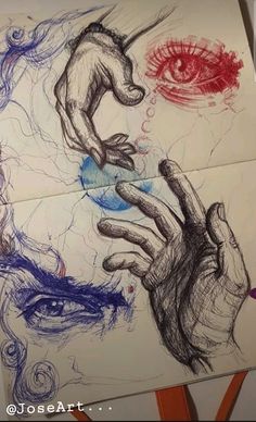 a drawing of two hands reaching for each other's eye and one hand holding something