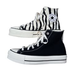 Converse Platform Black And Creme Zebra Print. Just Simply Awesome Black High-top Sneakers With Rubber Sole For Summer, Converse Platform Black, Zebra Converse, Converse Chuck Taylor Platform, Chuck Taylor Platform, Sparkle Converse, Converse Hightop, White Leather Converse, Slip On Tennis Shoes