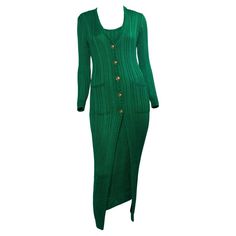 F/W 1993 Gianni Versace Couture Green Knit Dress + Medusa Button Cardigan Set Elegant Green Buttoned Cardigan, Elegant Green Cardigan With Buttons, Elegant Fitted Green Cardigan, Winter Evening Fitted Cardigan, Fitted Winter Evening Cardigan, Fitted Evening Cardigan For Winter, Elegant Long Fitted Cardigan, Elegant Fitted Long Cardigan, Fitted Long Cardigan For Party