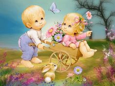 two children on a wagon with flowers and a rabbit in the grass near a tree