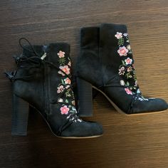 These Were A Limited Edition For Anthropologie Black Suede With Colorful Floral Embroidery Zipper Closure With Wrap Around Suede Tassel Block Wooden . New Without Box Worn Only To Try On Around The House.. Stunning With Jeans, Leggings , Or Dressed Up! Spring Floral Embroidered Closed Toe Boots, Spring Floral Embroidery Closed Toe Boots, Casual Boots With Floral Embroidery And Round Toe, Black Embroidered Boots With Round Toe, Black Heels With Floral Embroidery And Round Toe, Black Embroidered Heels For Spring, Casual Embroidered Heels For Spring, Black Embroidered Block Heel Heels, Black Boots With Floral Embroidery For Fall