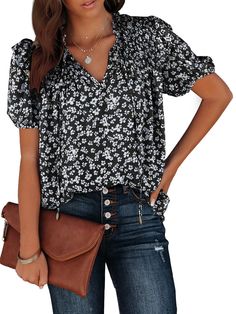 PRICES MAY VARY. Aoudery Women's Tops and Blouses is made with lightweight and soft material that makes you feeling well for the soft skin. Features: Elegant Boho Shirt for Women, Sexy Casual V Neck Blouse, Relaxed Fit, Blouses for women fashion 2024, Womens Tops and Blouses, Short Sleeves with Elastic Cuffs, Cute Tops for Women Trendy, Floral Flowy Print, Back Smocked, Business dressy work tops for women. Women tops summer casual blouses, soft,lightweight and breathable fabric,comfortable to we Work Tops For Women, Short Sleeve Chiffon Blouse, Cute Tops For Women, Casual Blouses, Business Casual Top, Bohemian Top, Chiffon Blouses, Feeling Well, Party School