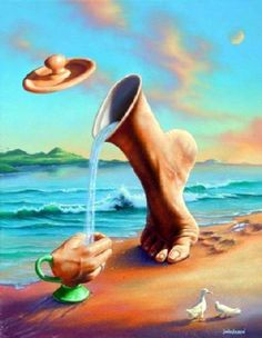 a painting of someone's feet on the beach with a teapot and saucer