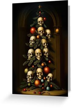 a christmas tree decorated with skulls and bauben balls by an unknown subject greeting card