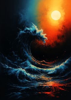 the sun is setting over an ocean wave