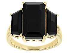 7.00ct rectangular octagonal and 2.72ctw tapered baguette black spinel with .02ctw round white diamond accent, 18k yellow gold over sterling silver ring. Measures approximately .74"L x .57"W. Not sizeable. Finished under gallery. Art Deco Baguette Cut Stone Jewelry, Classic Octagon Jewelry With Polished Finish, Octagon Diamond Jewelry With Polished Finish, Octagon-shaped Diamond Jewelry With Polished Finish, Elegant Octagon Ring With Accent Stones, Elegant Octagon Rings With Accent Stones, Classic Faceted Octagon Jewelry, Modern Emerald-cut Jewelry With Polished Finish, Classic Octagon Faceted Jewelry