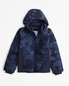 Our performance puffer featuring a functional hood, storm cuffs, thumbholes, recycled fill, zip-up front, cozy interior lining, quilting details and cozy-lined zip pockets. Boys Denim Jacket, Boys Coats, Jackets Winter, Boys Denim, Abercrombie Kids, Boys Coat, Cozy Interior, Spring Jackets, Blue Pattern