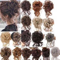 Style: Curly. Material: High Temperature Fiber. It is both natural looking and soft touch. You can wear it to parties as well as for daily use. 30 colors for your choice: As the picture shows. Scrunchie Updo, Messy Bun Hair Piece, Messy Curly Bun, Cover Hair, Trend Ideas, Curly Bun, Textured Curly Hair, Bun Hair Piece, Chignon Hair