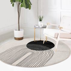 a living room with a white chair and black round rug on the floor next to a potted plant