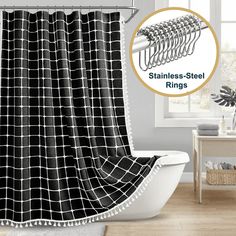 a black and white shower curtain in a bathroom next to a window with the words stainless steel rings on it