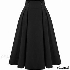 Olivia Mark - High Waisted Pleated Skirt with Pockets - Casual and Elegant Midi Skirt Classic Black Flared Maxi Skirt, Classic Black Flared Skirt Bottoms, Classic Black Pleated Maxi Skirt, Classic High-waisted Black Skirt, Classic Black High-waisted Skirt, Classic Black High Waist Skirt, Black Pleated High-waist Maxi Skirt, Classic Black Long Skirt, Long Sleeve Blouse Designs