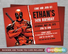 a deadpool birthday party card with an image of a deadpool holding a baseball bat