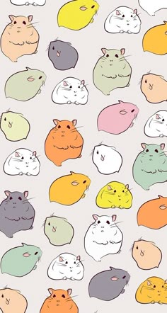 many different colored hamsters are shown in this pattern on a white wallpaper background