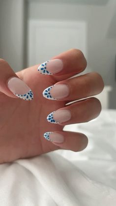 i got these done for around $100 there so worth it i love these summer blue acrylic nails they remind me of greece and mama mia !! French Tip Stickers, Nail Ideas To Do At Home, Nails 2024 Almond