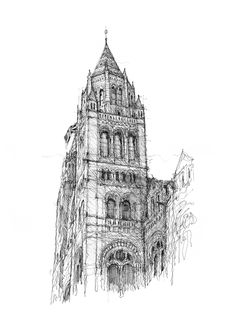 a black and white drawing of a tall building with a clock on it's side