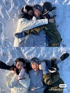 two people laying in the snow with their arms around each other