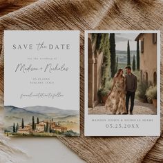 the save the date card is displayed next to an envelope with a photo on it