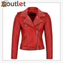 Red Studded Rock Chic Biker Motorcycle Style Leather Jacket Celebrities Leather Jacket, Motorcycle Leather Jacket, Studded Leather Jacket, Womens Biker Jacket, Studded Jacket, Leather Jacket Style, Lambskin Leather Jacket, Casual Styles, Rock Chic