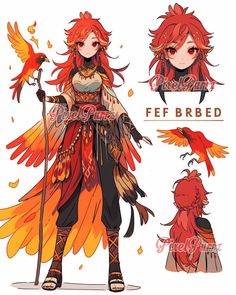 an anime character with red hair and orange feathers