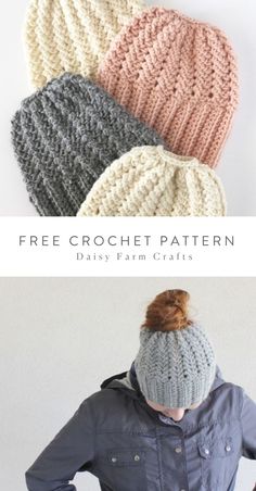 the free crochet hat pattern is available in three different colors