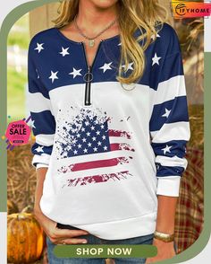 Casual Hippie Stars Zipper Flag Printed Round Neck Sweatshirt Casual American Flag Print Tops For Fall, Casual Flag Print Tops For Fall, Casual Tops With Flag Print For Fall, American Flag Print Long Sleeve Top For Fall, Patriotic Long Sleeve American Flag Top, Casual Fall Tops With Flag Print, Patriotic Long Sleeve Tops For Fall, Long Sleeve Tops With American Flag Print For Fall, Patriotic Long Sleeve Top With American Flag Print