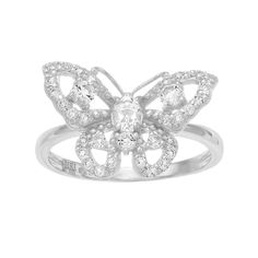 Decorated with white topaz stones, this sterling silver butterfly ring offers a whimsical way to update your ensemble. RING DETAILS Width: 16 mm Metal: sterling silver Plating: rhodium Finish: polished Packaging: boxed STONE DETAILS Stone type: white topaz Center stone weight: 1/5 ct. Total weight: 5/8 ct. Cut: oval, round Setting: prong Gift Givers: This item ships in its original packaging. If intended as a gift, the packaging may reveal the contents. Gemstones may have been treated to enhance Butterfly Shaped White Gold Ring For Formal Occasions, Elegant Anniversary Rings With Butterfly Charm, White Gold Butterfly Ring For Formal Occasions, Formal Butterfly Shaped White Gold Ring, Elegant Sterling Silver Rings With Butterfly Charm, White Gold Butterfly Ring For Anniversary, Butterfly-shaped Cubic Zirconia Wedding Rings, Butterfly Cubic Zirconia Wedding Rings, Silver Butterfly Ring For Wedding