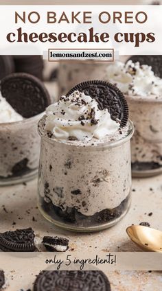 no bake oreo cheesecake cups in a jar with cookies and cream on top