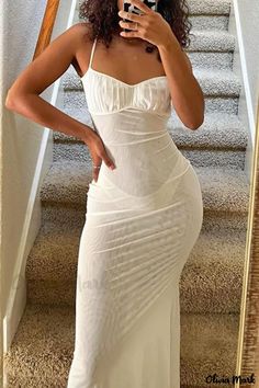 Olivia Mark - Elegant Ivory Casual Solid Backless Spaghetti Strap Maxi Dress Stylish Maxi Dress, Long Dresses Elegant, Backless Long Dress, Maxi Dress Collection, Chic Maxi Dresses, Ruched Maxi Dress, Spaghetti Strap Maxi Dress, Dress Sleeve Styles, Backless Maxi Dresses