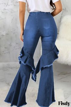 Fisdy - Vaqueros vaqueros de corte alto con estilosos detalles rasgados en color azul oscuro. Dark Blue Fashion, Denim Chic, Bell Bottom Pants, Boot Cut Denim, Refashion Clothes, Ripped Denim, Plus Size Jeans, Wide Leg Denim, Fashion Street