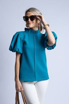 Mixed Media Texture Top, Teal Chic Tops With Ruffle Balloon Sleeves, Chic Balloon Sleeve Top With Ruffles, Chic Fitted Puff Sleeve Top With Ruffle Hem, Fitted Cotton Puff Sleeve Top With Ruffles, Chic Puff Sleeve Top With Ruffled Collar, Chic Puff Sleeve Top With Ruffled Collar And Ruffles, Chic Solid Color Puff Sleeve Top With Ruffles, Puff Sleeve Top With Ruffles For Work In Fall, Ruffled Puff Sleeve Top For Work In Fall