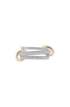 Pavé white diamonds illuminate these slender sterling silver rings elegantly linked together with annulets of 18-karat gold. Total diamond weight: 2.2ct. Color: G Clarity: VS1 Sterling silver/18k gold/diamond Made in the USA >Diamond Guide Luxury Cubic Zirconia Jewelry With Ring Detail, Modern Twist White Gold Jewelry With Ring Detail, Modern White Jewelry With Diamond Accents, Elegant Diamond Jewelry With Ring Detail, White Diamond Jewelry With A Modern Twist, White Jewelry With Diamond Accents And Modern Twist, Luxury White Jewelry With Ring Detail, Modern White Diamond Jewelry, Modern Twist White Gold Rings With Diamond Accents