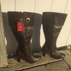 Nwt! Womens Brown Merona Kaiden Boots Size 6 Nice Stitching Details Buckles At Top Zip Close Approx. Measurements: Shaft From Bottom Of Heel To Top Of Boot: 13.5" Narrowest Part Of Shaft Around Ankle: 10.25" Widest Part Of Shaft Around Calf: 13.25" Comes From Smoke Free Home Brown Heel Boots, Clothes Game, Boots With Heel, Visual Archive, Shoe Shelf, Stitching Details, Fashion Board, Brown Leather Boots, Pretty Shoes