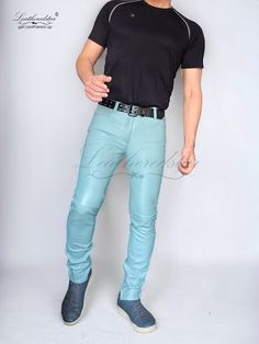 Hi, You are looking at the pictures of model "Rajan" wearing the Leather jeans/ pant that is made by leatheredstar team so you are looking at a piece of our work! A Sky Blue leather jeans made in super soft & smooth Sheepskin leather that fits skinny, A classic five pocket style that fits SKINTIGHT!  the leather is smooth with decent shine to it, A leather jeans that looks great with sneakers a great all time or a causal wear These are MID RISE pair with zipper fastening can be made button fly on request the location of the rear pockets will sit alright on your bum the other part on the leg will be skinny thereafter making it an ideal skintight pair Size: Choose the size that suits you the best and I encourage you to get this MADE TO MEASURE or just send us size of your actual waist measur Trendy Fitted Leather Pants For Streetwear, Trendy Leather Bottoms With Five Pockets, Fitted Pants For Streetwear, Fitted Full Length Leather Pants For Streetwear, Fitted Leather Jeans With Five Pockets, Casual Leather Pants With Five Pockets, Fitted Full Length Leather Pants, Casual Leather Full-length Bottoms, Fitted Leather Pants With Five Pockets