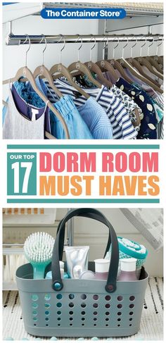 an organized closet with clothes hanging on the rack and text overlay that reads 17 dorm room must haves